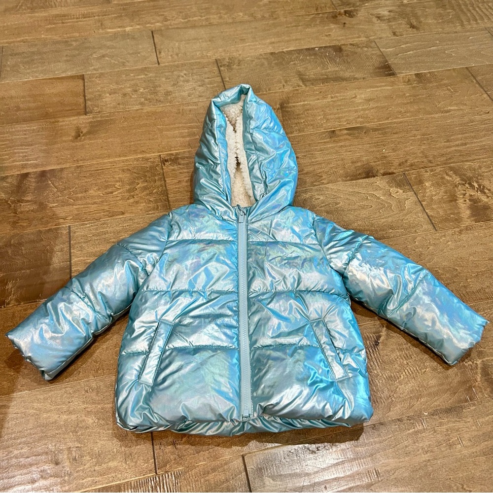 Baby Gap Toddler Girl Metallic Sherpa Puffer Jacket Blue Size 4 EUC Winter Warm
